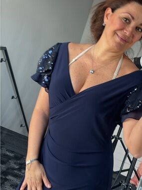 Banana Republic Navy Wrap Dress with Sequin Flutter Sleeves